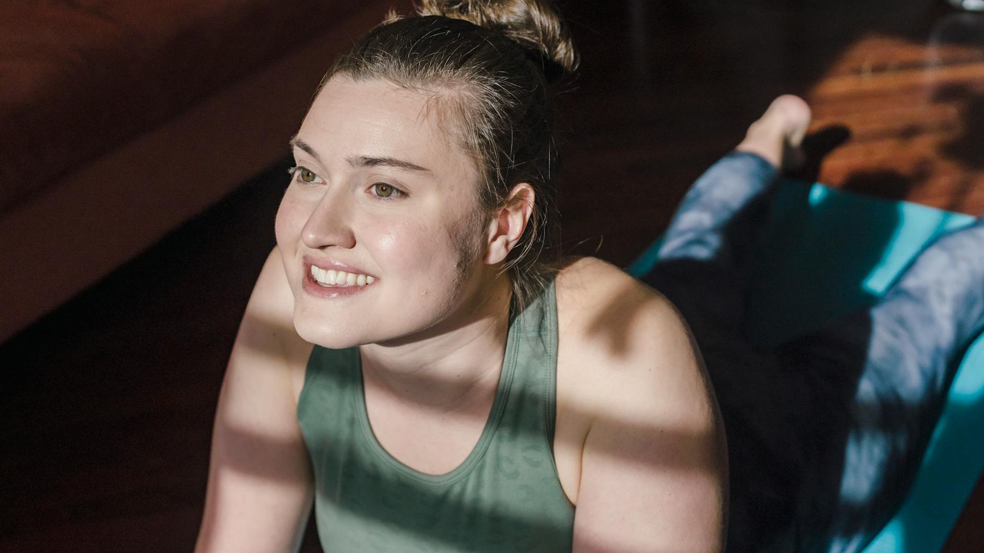 Serene morning yoga atmosphere with neon light accents